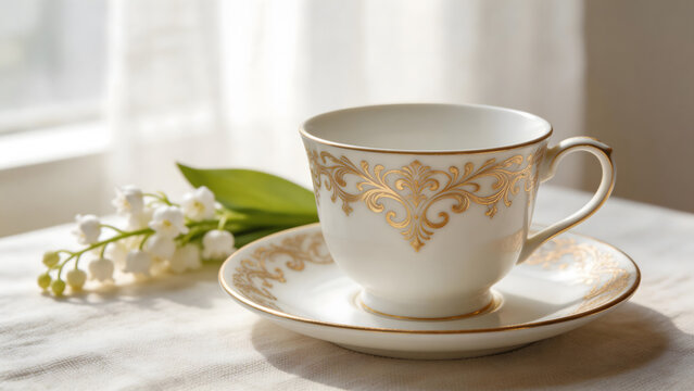 regularizing. Elegant white porcelain teacup with gold filigree patterns, soft window light highlighting delicate details. bar promotions.