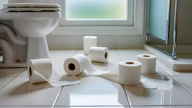 Toilet paper rolls scattered on bathroom
floor