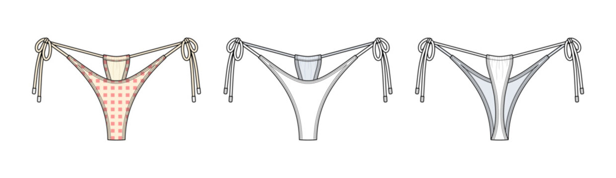 Basic Bikini Bottom Set Side Tie Thong Swimwear Minimal Beachwear String Panty Fashion Flat Vector Collection