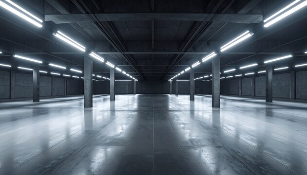 A dimly lit, empty parking garage with shiny floor