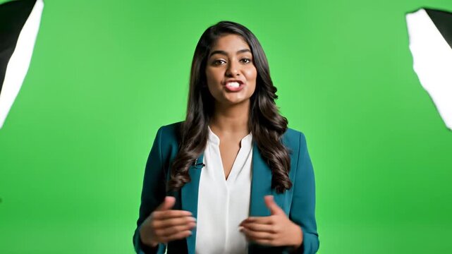 Smiling news anchor with presenter lighting on green screen