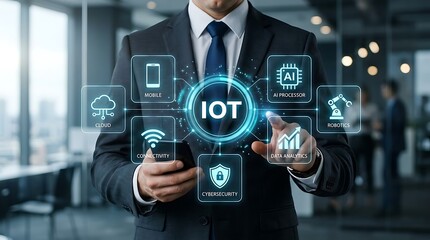 Fototapeta premium Internet of Things concept with businessman interacting with digital interface showcasing interconnected devices, cloud, security, and AI integration for smart solutions