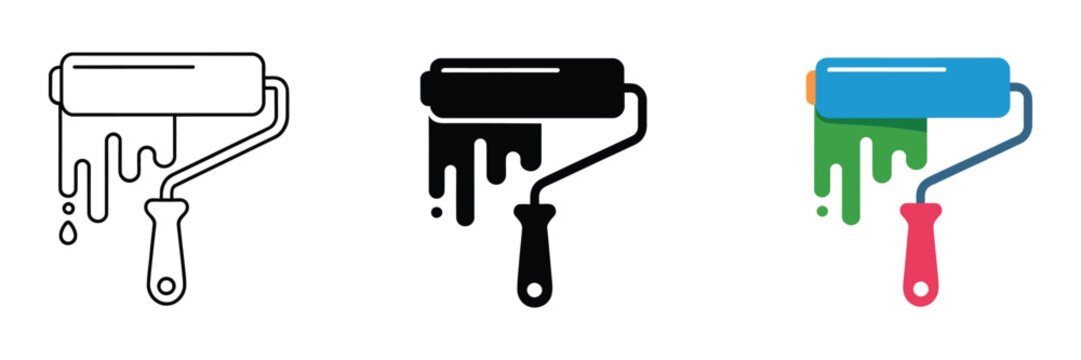 Paint roller icon set, paint symbols including brush, color, paint, renovation, interior, work tool, and art, outline, flat, and colored style, editable vector illustrations