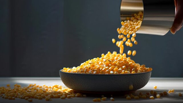 Pouring Dried Corn Kernels into a Bowl - Slow Motion Food Preparation