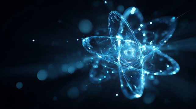 A glowing blue atom with electrons orbiting around the nucleus in a dark background