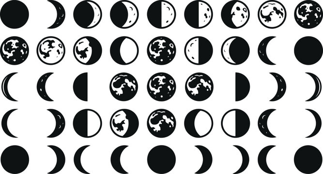 Moon phases illustrated in a vector graphic design with various lunar cycles