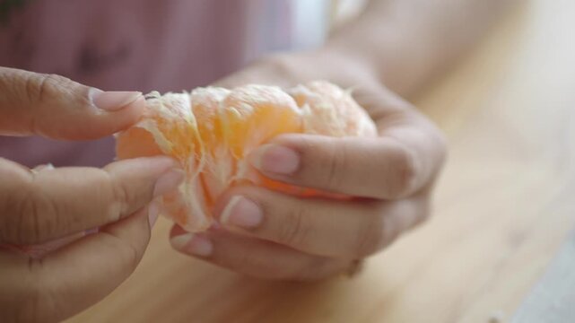 Woman peeling fresh mandarin orange segments indoors close up shot of hands with citrus fruit.