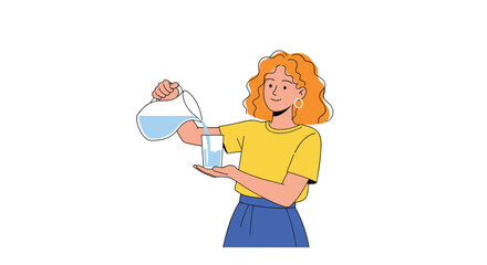 Fototapeta premium Cheerful woman with curly orange hair pouring fresh water from a glass pitcher into a clear drinking glass cup.