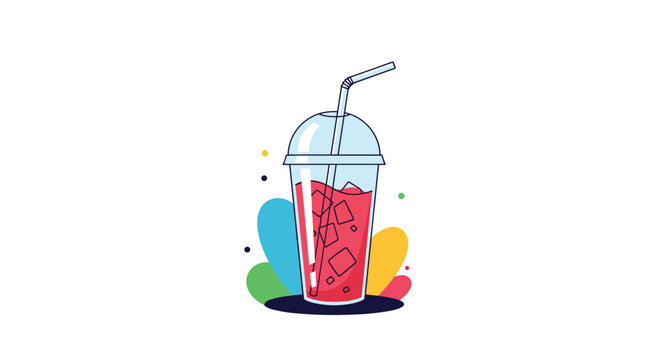 Transparent plastic cup filled with a red iced beverage and a straw is shown against a vibrant and colorful background.
