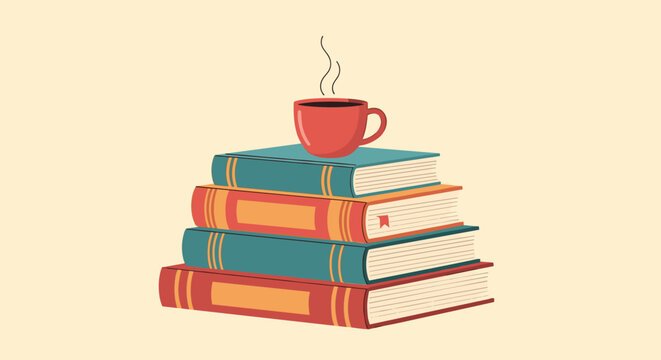 Hot cup of coffee or tea with steam sitting on a stack of colorful vintage books on a warm yellow background for reading time.