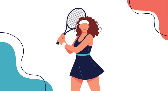 Dynamic illustration of a woman tennis player in a black dress hitting a backhand shot with a racket on an abstract background.