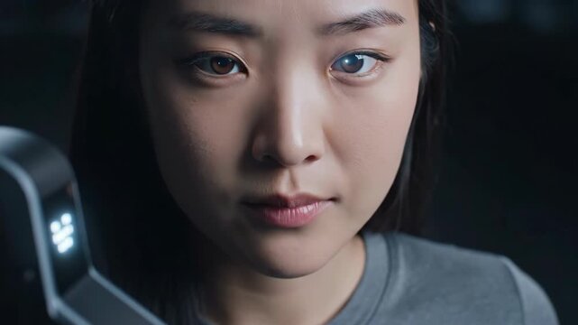 Close up of Asian woman with unusual eye. Science, bionic eye concept.