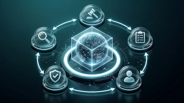 Global compliance governance cycle with digital earth cube audit legal review checklist user access and security protection on futuristic background