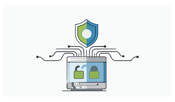 Secure server with data encryption and cyber protection line art vector illustration