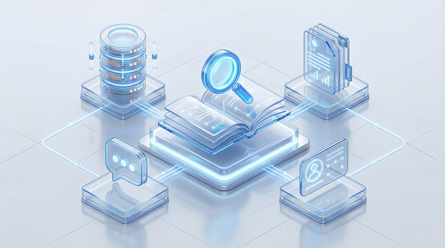 Glass isometric knowledge management system with open digital book search database documents messaging and user profile on clean white background