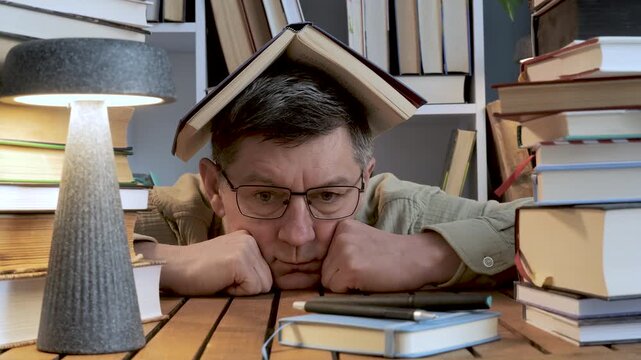 Tired man with book on head surrounded by stacks of books, overload concept showing fatigue stress and study exhaustion indoors