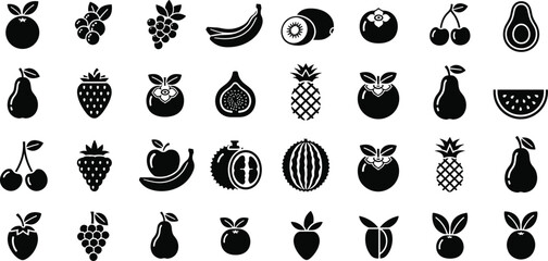 Fruit silhouette icon set with various fresh food shapes including apple banana pineapple watermelon and berries vector collection design © MstSelina