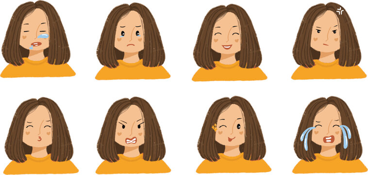 Girl with her mood cute face illustration happy cry upset mad bad expression clipart SET
