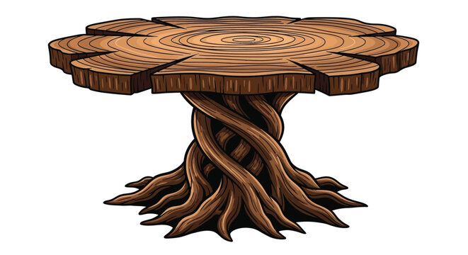 A whimsical tree stump table with a twisted root base design