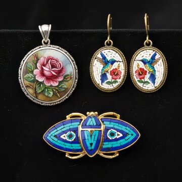 Tiny mosaics set into pendants earrings or brooches often using