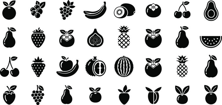 Fruit silhouette icon set with various fresh food shapes including apple banana pineapple watermelon and berries vector collection design