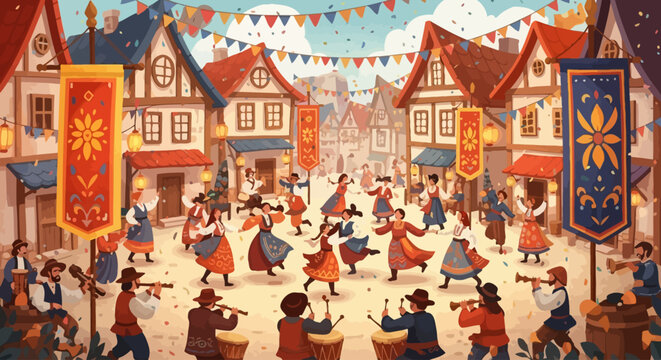 vibrant medieval town square celebration with dancing villagers and musicians vector illustration