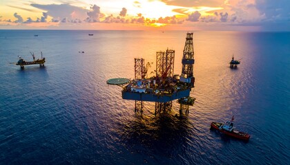 Naklejka premium Offshore platforms gleam in the golden light of sunrise over a vast, calm ocean with other ships in the distance