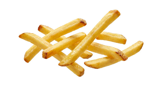 A delicious pile of golden fried crispy french fries with salt ready for snacking and fast food on transparent background. on transparent background