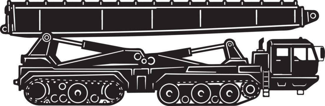 Heavy duty crane, industrial crawler crane, construction equipment, black and white vector