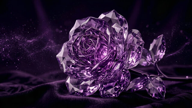 Gorgeous amethyst purple crystal glass rose with mysterious gem-textured faceted petals, glittering background sparkles, resting on dark velvet, luxury jewel flower concept