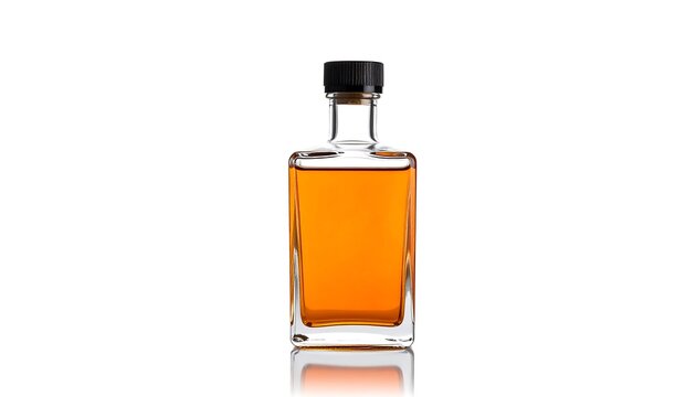 Amber liquid in square bottle with black cap stands on a white background