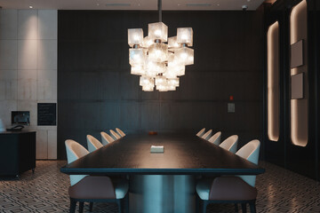 Modern minimalist conference room with long table, elegant chandelier, and sophisticated interior...
