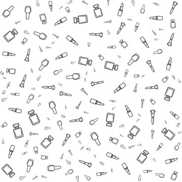 Black and white line art pattern featuring various makeup cosmetic items on a clean background.