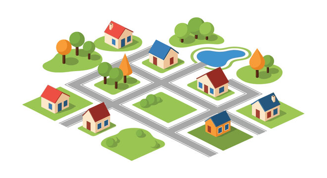 Isometric illustration of a colorful small town with houses and greenery