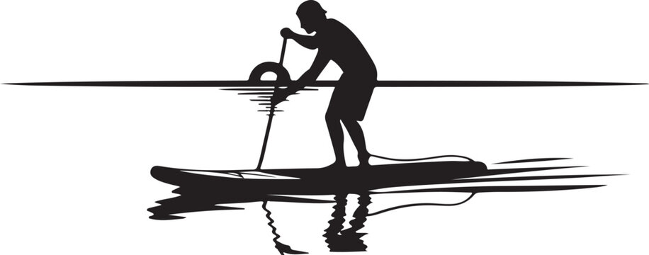 Paddleboarder silhouette, stand up paddle board, water sports, black icon, vector illustration