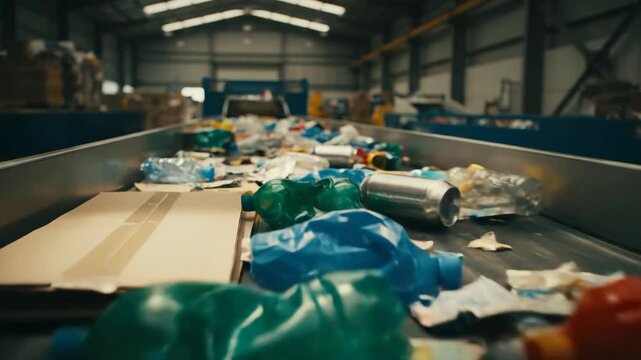 Sorting recyclable waste on conveyor belt in recycling facility; aluminum, plastic, cardboard, sustainability, recycling, waste management, industry.