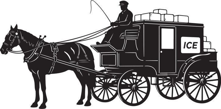 Vintage horse drawn carriage, horse and carriage, black and white vector, transportation icon