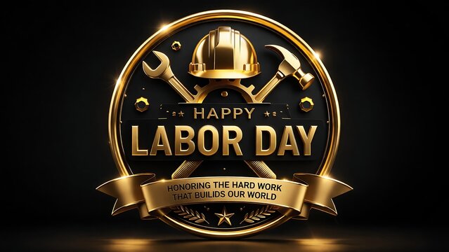 Happy Labor Day Luxury Gold Badge with Hard Hat Tools and Industrial Construction Emblem on Dark Background