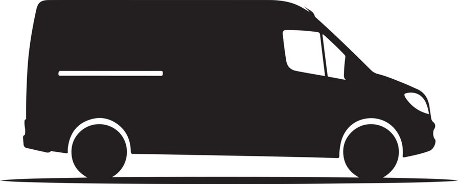 Black van silhouette, delivery vehicle icon, transportation symbol, cargo van graphic