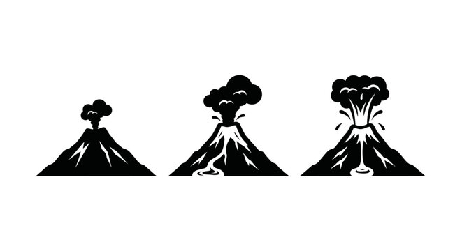 Black silhouette volcanic eruption stages.