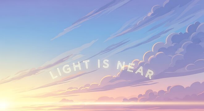 "Light is Near" is written on a vector dawn sky with a faint glow