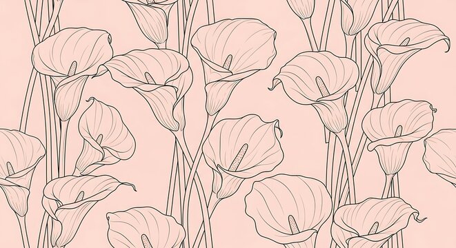 Calla Lilies Line Drawing Floral Pattern on Soft Pink Background
