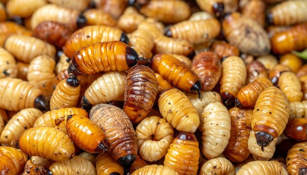Many sago grubs in a pile, yellowish-white bodies and dark heads, featuring textures and subtle shadows