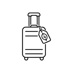 Fototapeta premium Spring travel suitcase with eco leaf tag black and white vector line art spring luggage illustration
