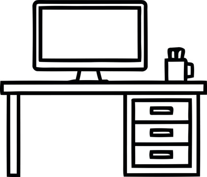 Simple black and white line drawing of a modern computer desk setup with monitor and storage