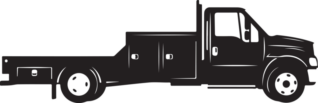 Black flatbed tow truck, vehicle silhouette, flatbed truck, tow vehicle