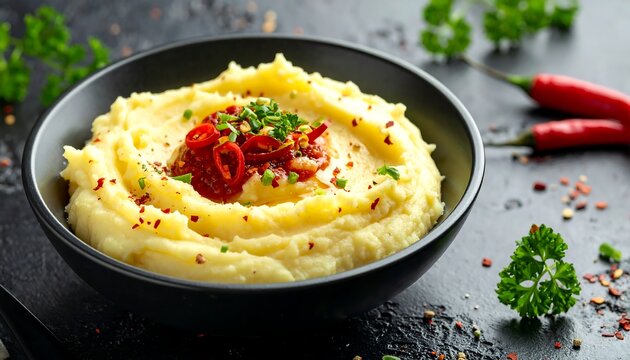 A bowl of mashed potatoes garnished with herbs and spices