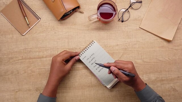 Person checking off items on to-do list, person hands holding notepad with checklist.
