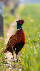 Fototapeta premium A pheasant standing on a grassy path
