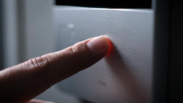 Finger pressing power button on silver device, close-up shot of technology. Control, on, off concept.